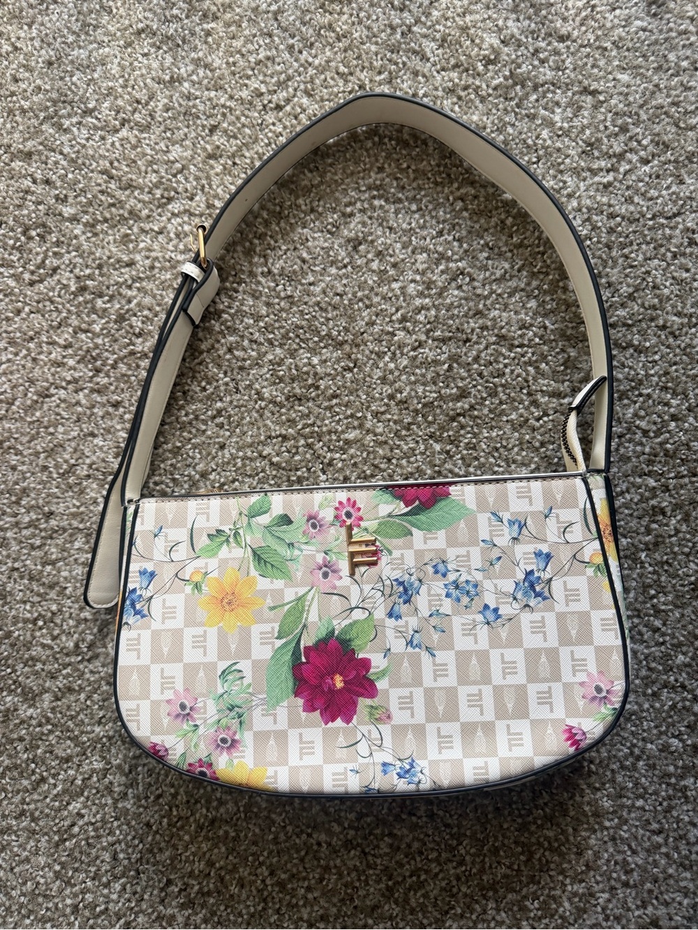London Fog Floral-Print Beige Shoulder Bag with Multicolor Blooms